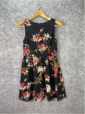 LOFT Dress Womens 8 Black Floral Sleeveless Fit Flare Chiffon Lined Mini Party